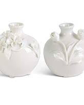 Short White Ceramic Vase w/Raised Flowers