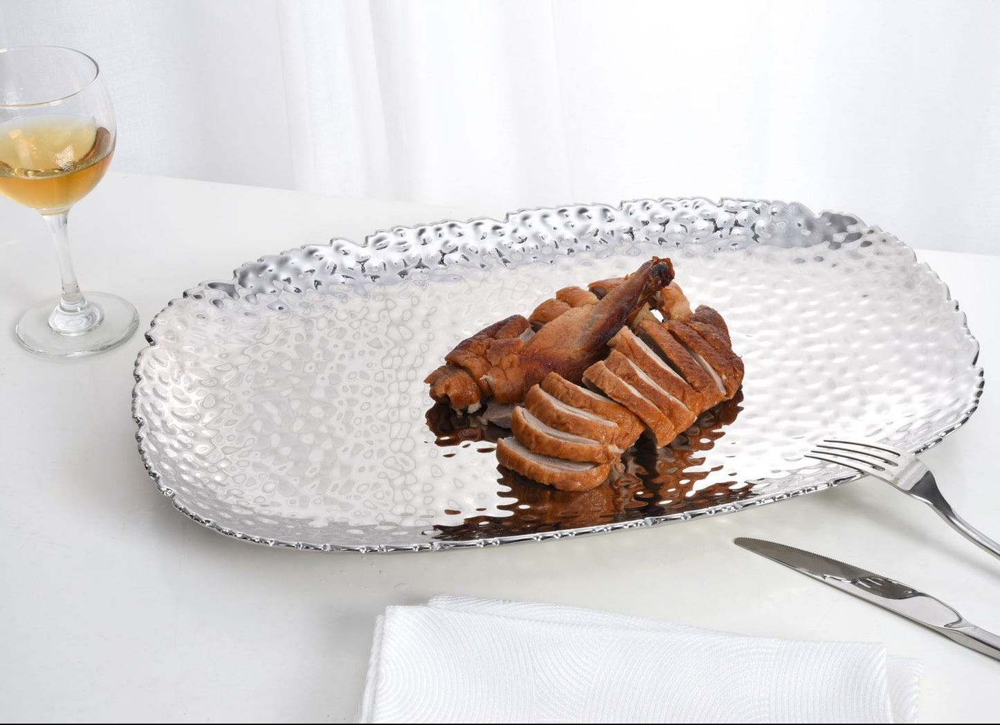 CER-Silver Hammered Finish Oval Large Serving Tray