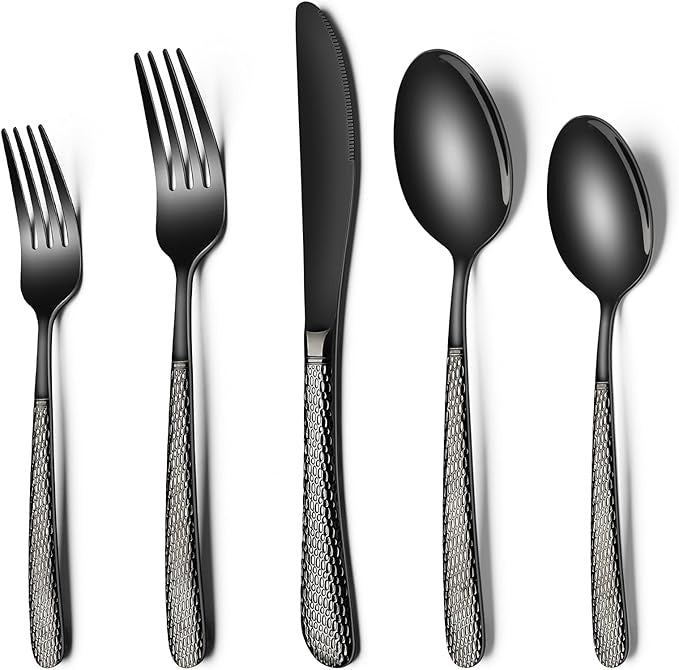 Black Hammered Stainless Steel 20 Piece Flatware