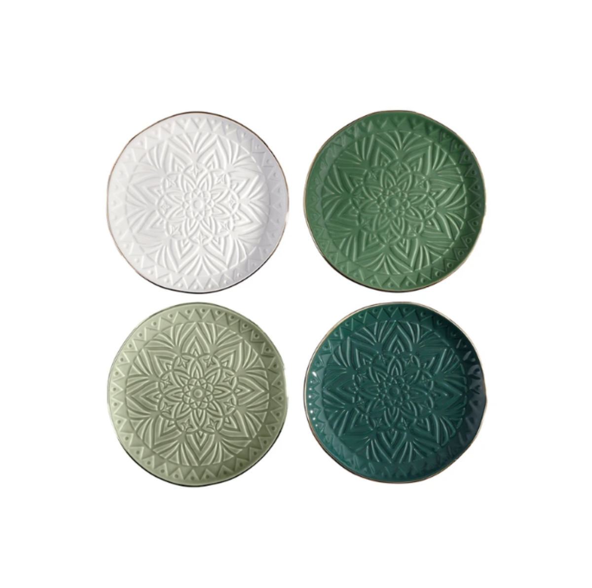 Green W/ Gold Rim Stamped Appetizer Plates S/4