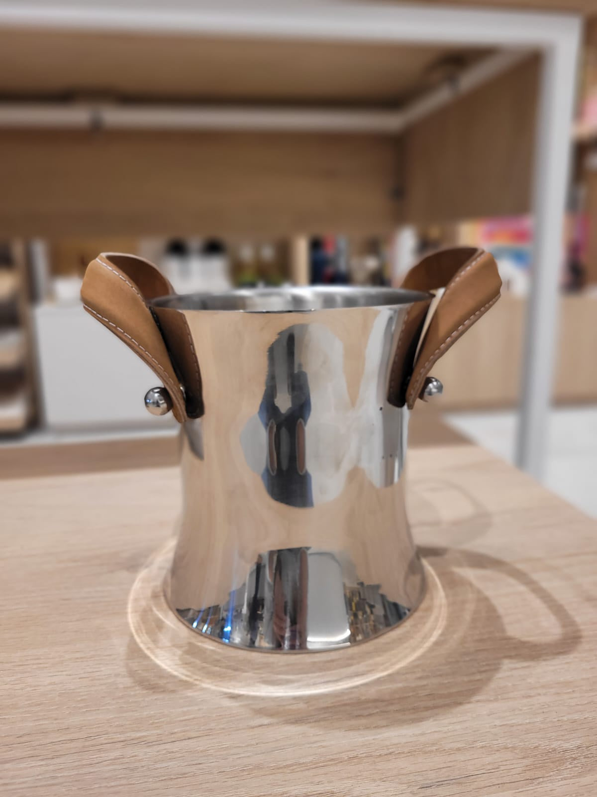 SS Champagne Single Bottle Ice Bucket with Leather Strap Handles