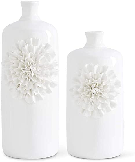 Set Of 2 White Carnation Ceramic Bottles