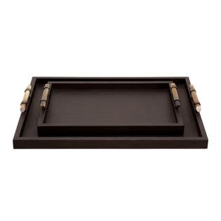 Wood Faux Leather Tray Brown L