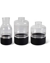 Set of 3 Clear Glass Vases with Black Base Tapered Neck and Centered Inla