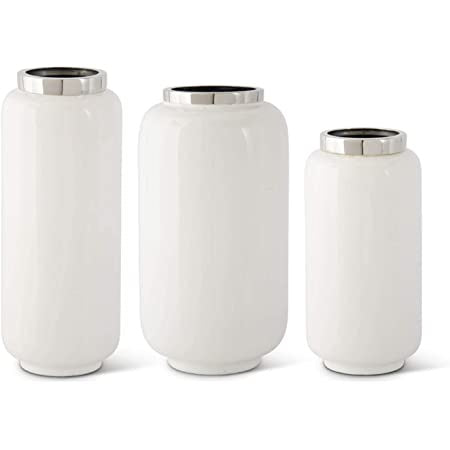 White Enameled Vases w/Silver Rim