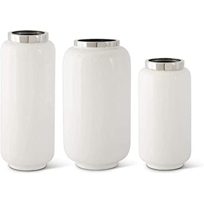 White Enameled Vases w/Silver Rim