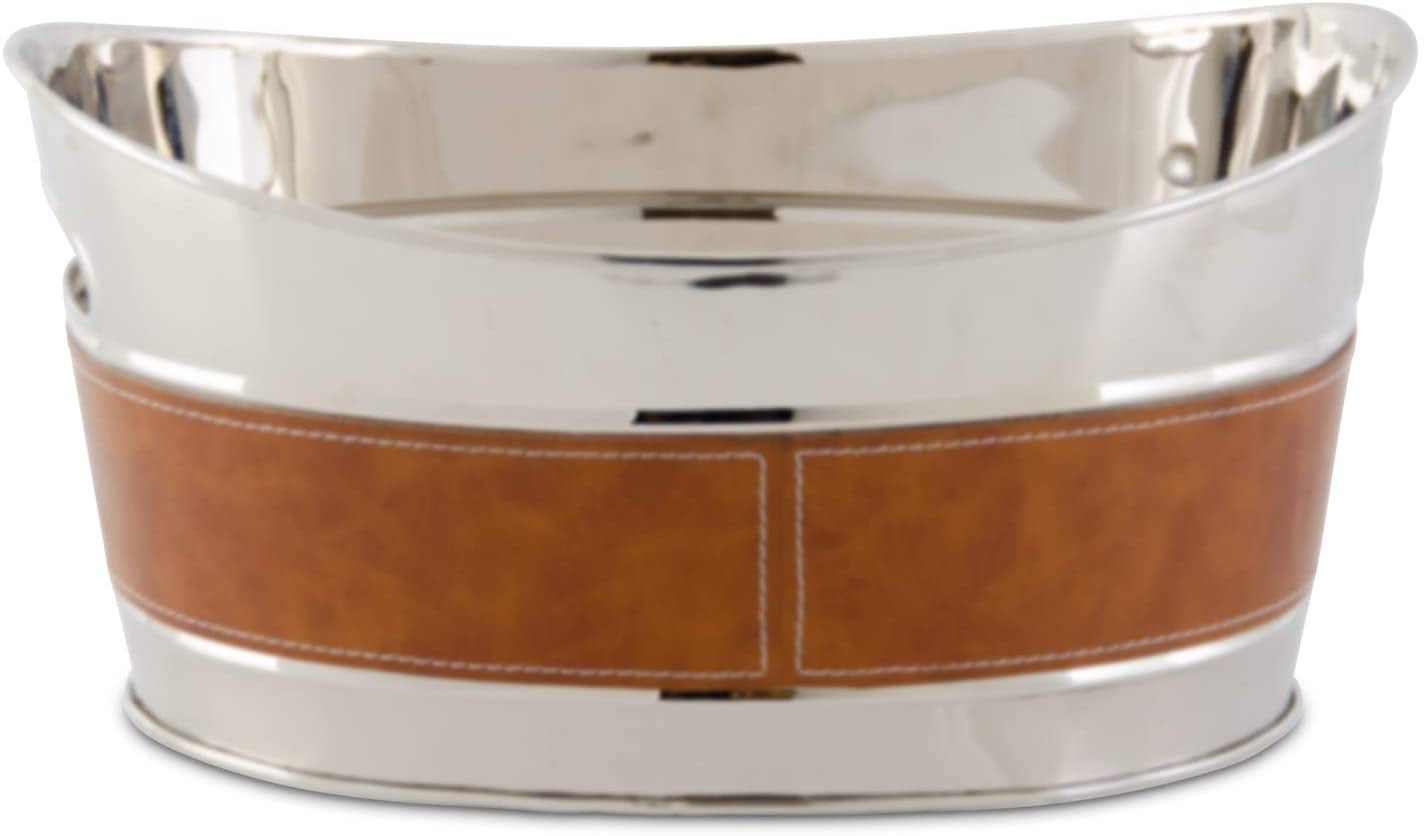 Silver Brown Leather Oval Ice Bucket