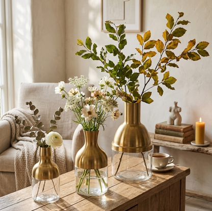 Gold Metal & Clear Glass Long Neck Vases S