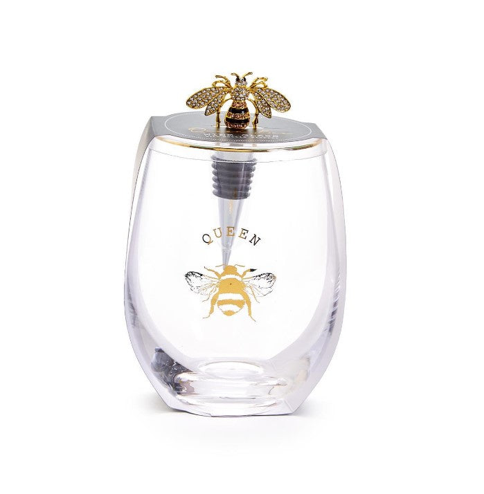 Bee Stemless Wine Glass + Stopper Set