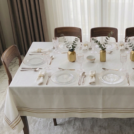 Linen Look 3 Gold Lines 72X126 Tablecloth