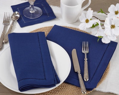 Blue Border Hemstitched Dinner Napkin