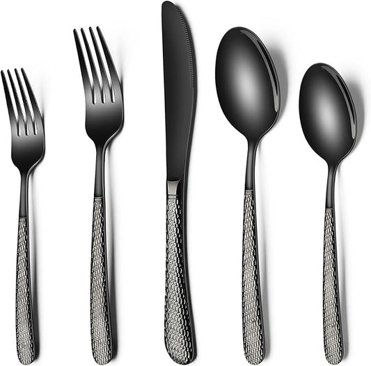 Black Hammered Stainless Steel 20 Piece Flatware