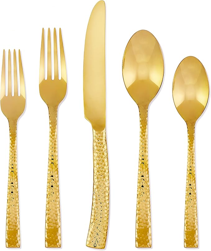 Gold Hammered Forged Stainless 20 Piece Flatware | Details Panamá