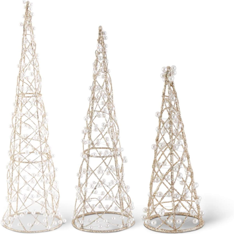 Gold Glittered Cone Trees W/Pearls L
