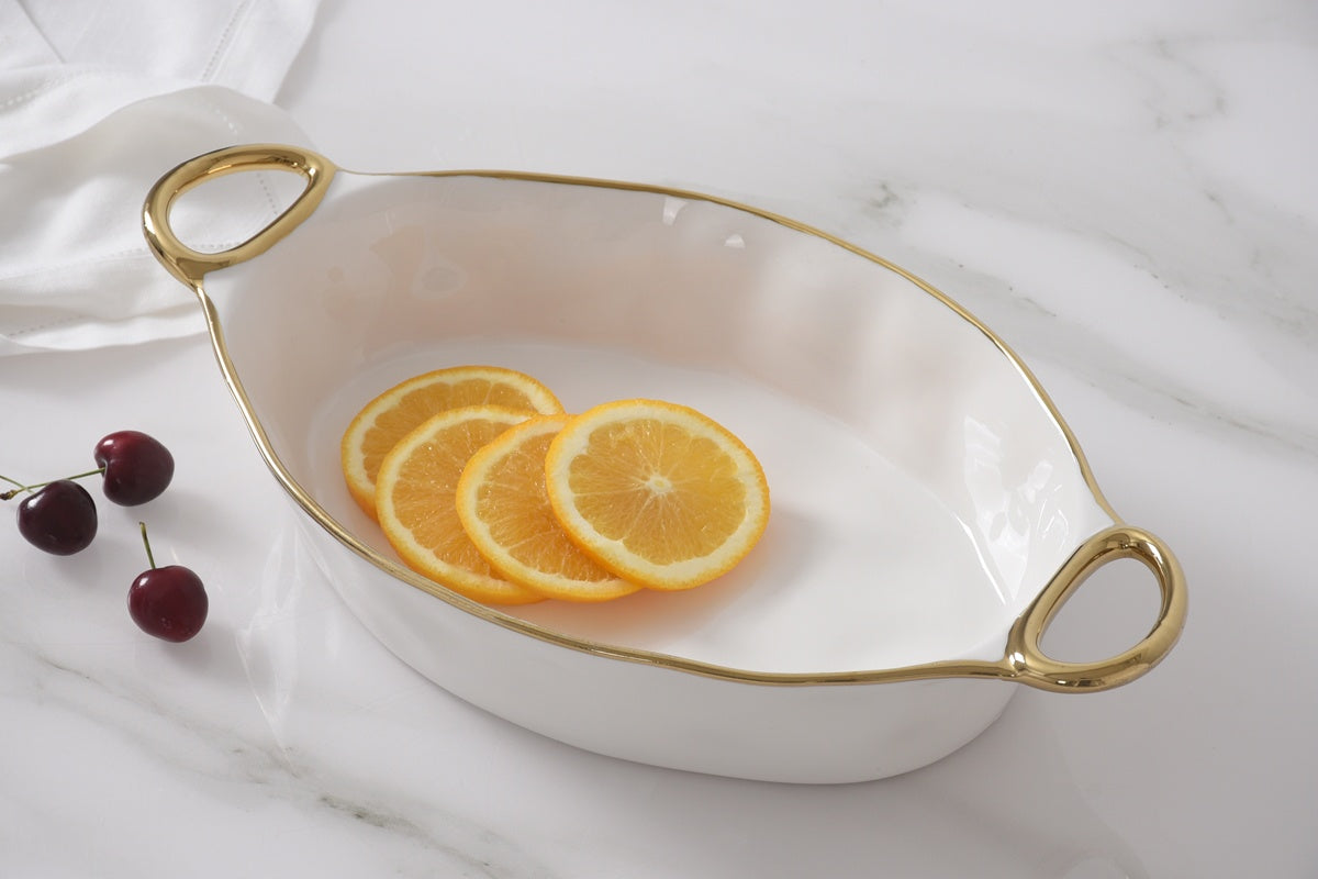 CER-White - Gold Handles Oval Baking Dish
