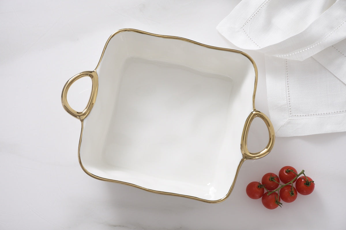 CER-White Gold Handles Square Baking Dish