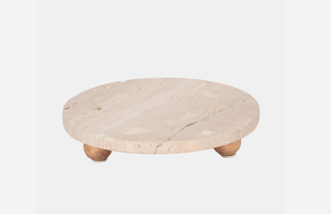 Tan Travertine Tray On Wood Ball Feet