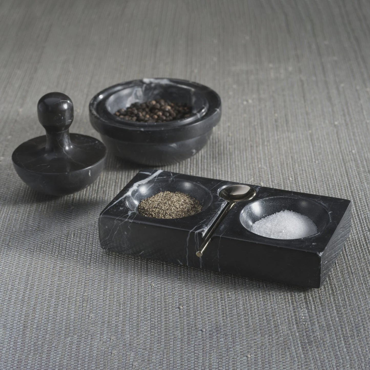 Marble Salt & Pepper Dish W Black Spoon