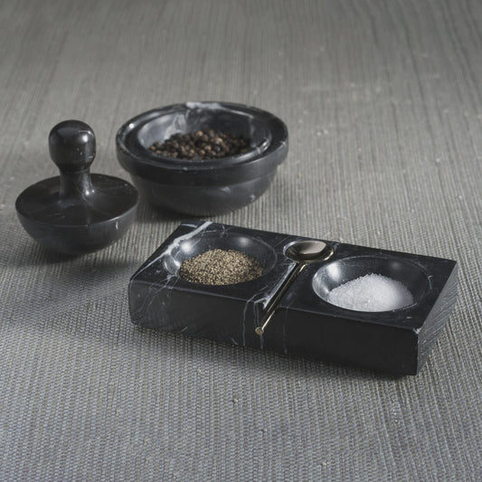 Marble Salt & Pepper Dish W Black Spoon
