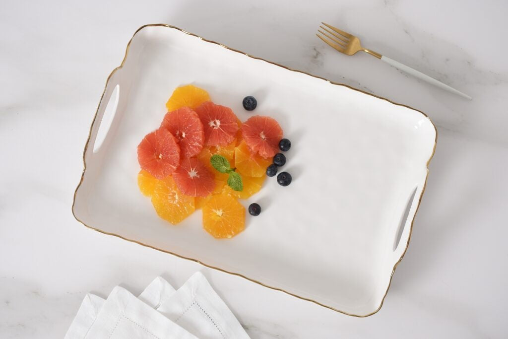 POR-White Gold Rectangular Tray With Handles
