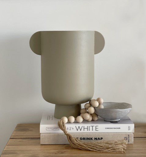 Matte Beige Metal Vase with Handles